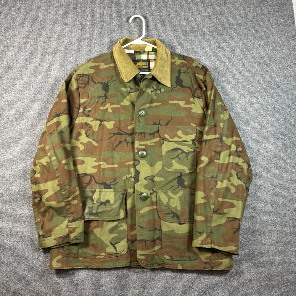 Kmart Hunting Jacket Mens Large Green Camo Field Chore Coat Plaid Lined Vintage